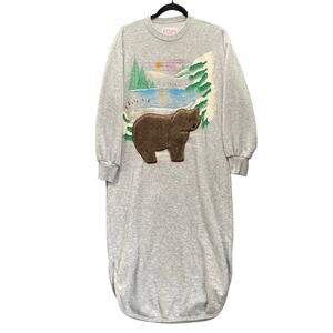 Vtg Kittens Made in USA Kitsch Cabin Bear Mountains Nightgown Womens S Grey Cozy
